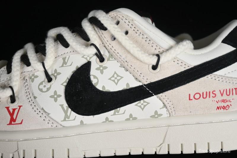 Nike SB Dunk Low LV Collaboration Anniversary Customized Sneakers in Off-White Black Swoosh Triple Floral - SJ2068-235