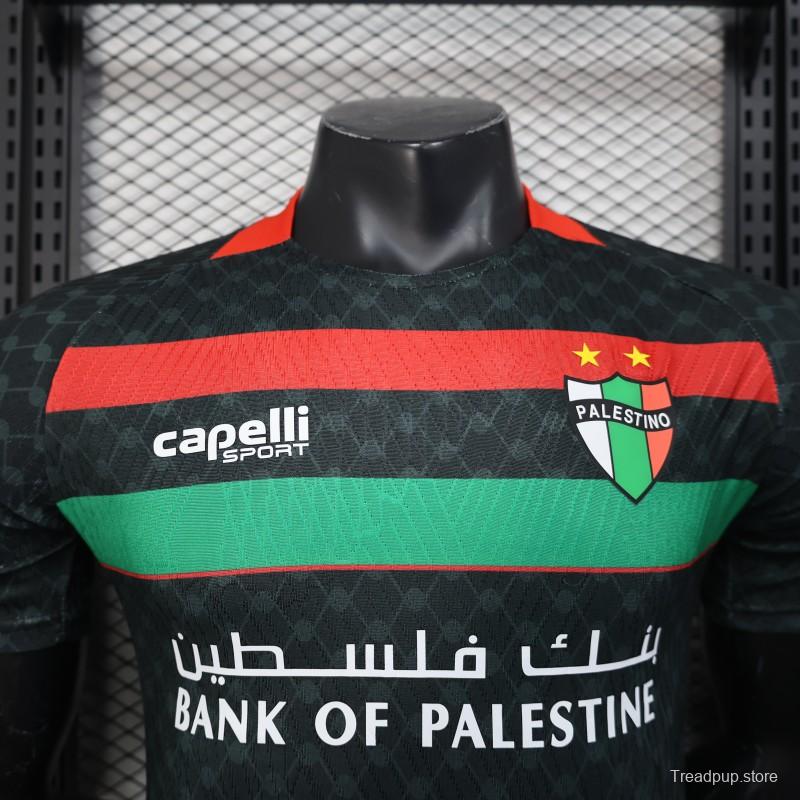 Player Version 25/26 CD Palestino Away Black Jersey with Red-Green Stripes and Bank of Palestine Sponsor