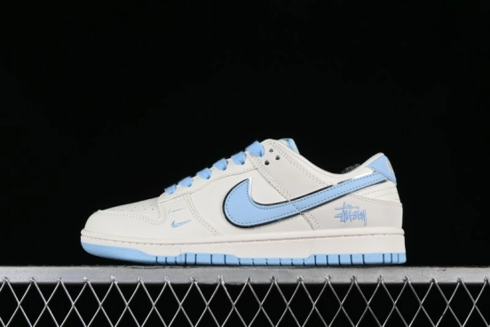 Stussy x Nike Dunk Low SB Skate Shoes in White with Light Blue Swoosh - DQ1098-380