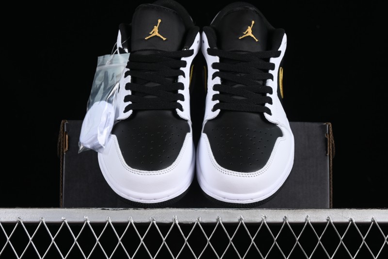 Nike Air Jordan 1 Low AJ1 Basketball Shoes with Black White Gold Swoosh - 553558-172