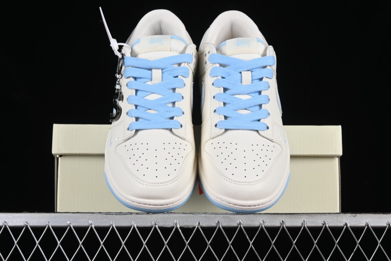 Stussy x Nike Dunk Low SB Skate Shoes in White with Light Blue Swoosh - DQ1098-380
