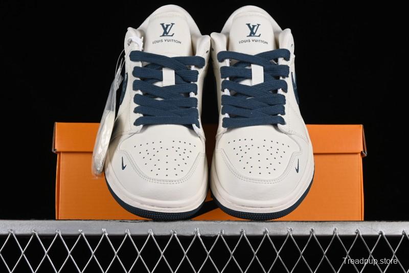Nike Air Jordan 1 Low LV Collaboration - White with Blue Swoosh Custom Casual Sneakers - WG8850-005