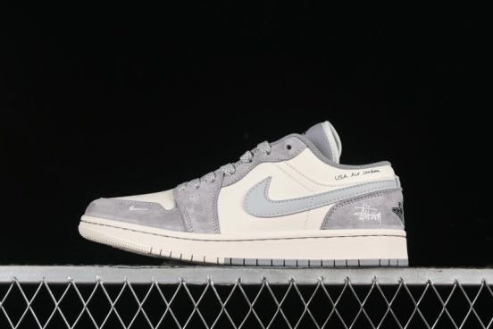 Nike Air Jordan 1 Low Stussy Collaboration - Light Bone Grey Dual-Tone Premium Custom Retro Basketball Shoes - SJ9950-045
