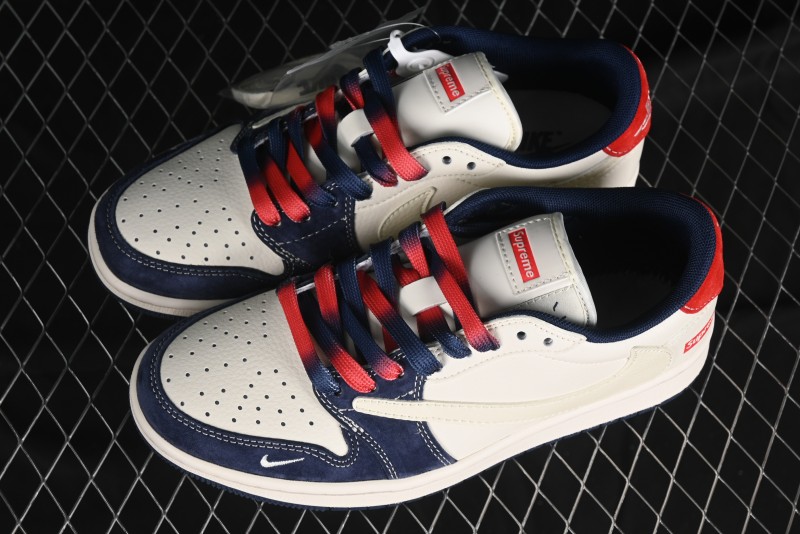 Nike Travis Scott x Fragment Design x Air Jordan 1 Low OG SP AJ1 Supreme Collaboration - Deep Blue Red Culture Casual Sneakers - XY2688-122