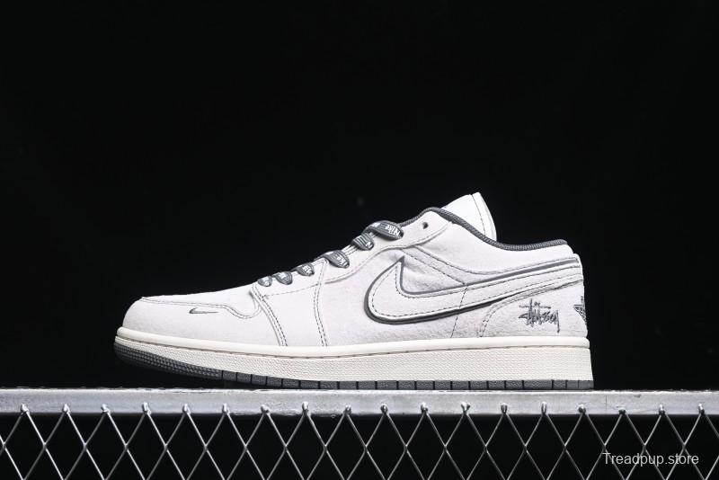 Nike Air Jordan 1 Low AJ1 Stussy Collaboration - Premium Customized Pigskin Grey Line Retro Basketball Shoes - DM9188-005