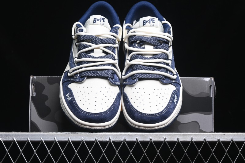 Nike Travis Scott x Fragment Design x Air Jordan 1 Low OG SP AJ1 Bape Collaboration - Klein Blue Lace-Up Low-Top Casual Sneakers - XS3186-201