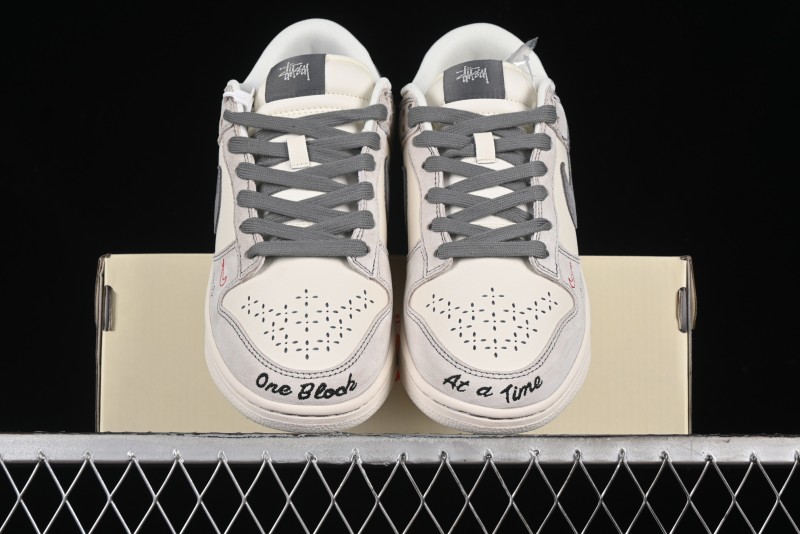 Nike SB Dunk Low Stussy Collaboration - Embroidered Grey Swoosh Anniversary Custom Low-Top Casual Sneakers - MM1089-033