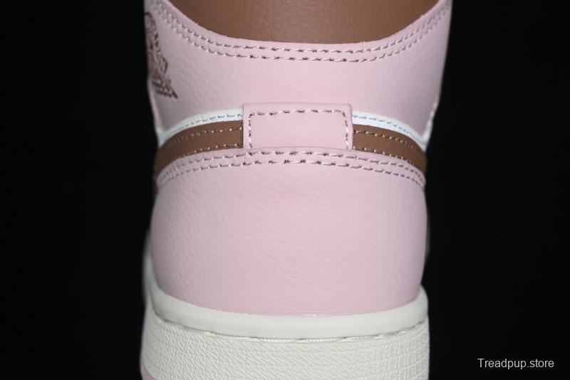 Nike Air Jordan 1 Mid AJ1 Basketball Shoes in Khaki Pink - BQ6472-620