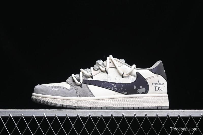 Nike Travis Scott x Fragment Design x Air Jordan 1 Low OG SP AJ1 Dior Collaboration - Splatter Lace-Up Low-Top Casual Sneakers DM9288-002