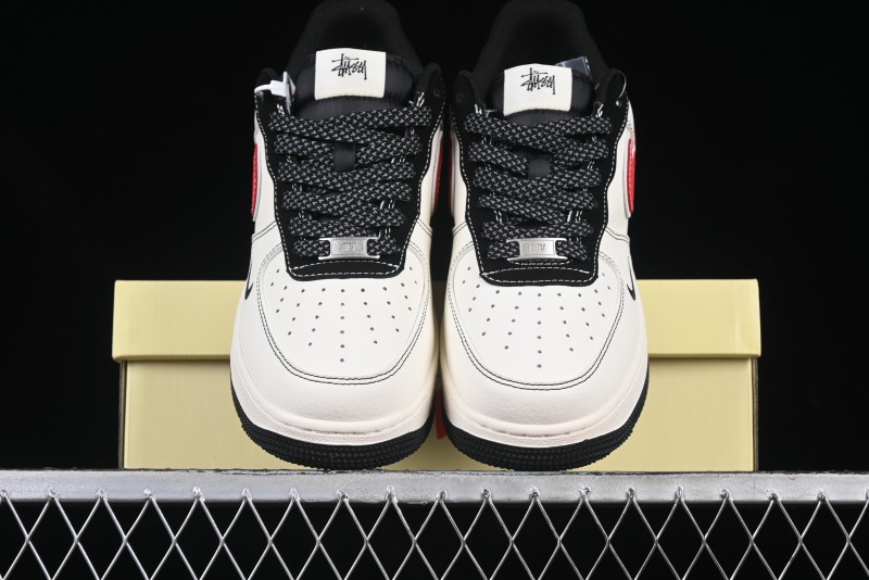 Nike Air Force 1 '07 Low Stussy Collaboration Black Stitch Red Swoosh Casual Sneakers - XS1958-518