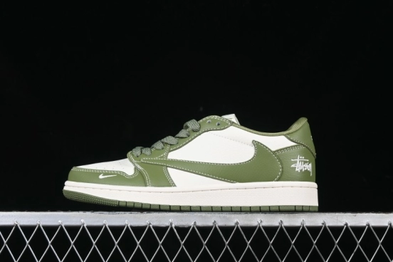 Nike Travis Scott x Fragment Design x Air Jordan 1 Low OG SP AJ1 Stussy Collaboration Bamboo Green Low-Top Casual Sneakers - BB1199-201