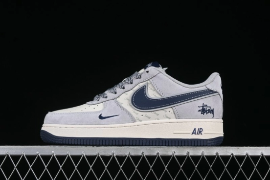 Nike Air Force 1 '07 Low Stussy Collaboration Grey Blue Swoosh Casual Sneakers - XZ3318-088