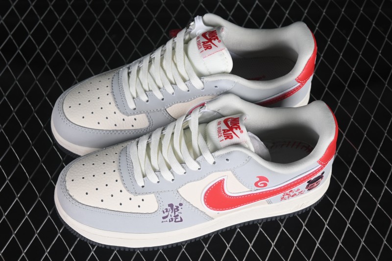 Nike Air Force 1 '07 Low Nezha Collaboration Grey Red Swoosh Casual Sneakers - DF0188-046
