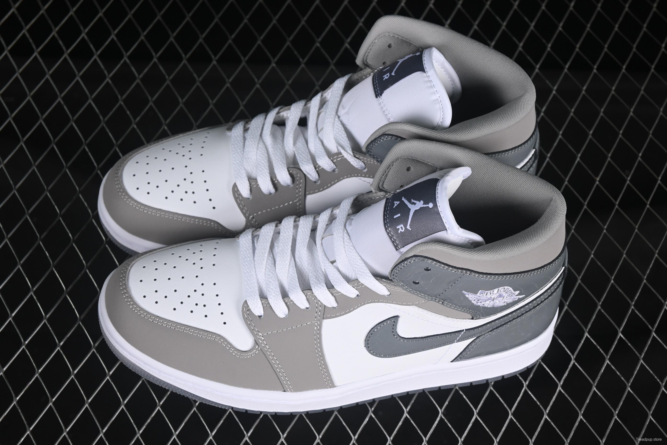 Nike Air Jordan 1 Mid Basketball Shoes in White Grey Patent Leather - HF3216-100