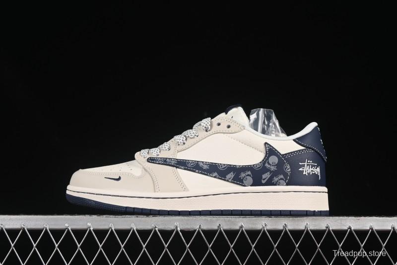 Nike Travis Scott x Fragment Design x Air Jordan 1 Low OG SP AJ1 Retro Sneakers with Reverse Swoosh - JJ2508-551