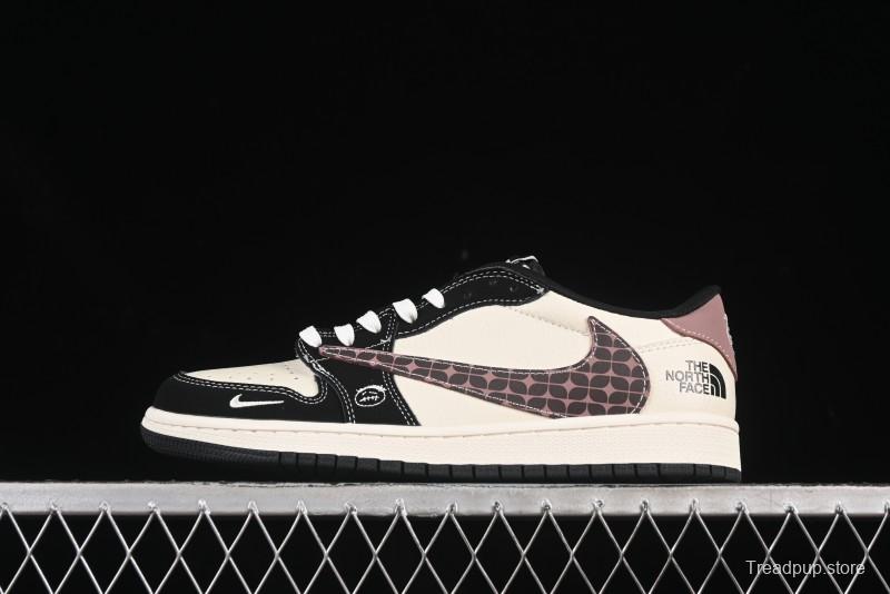 Nike Travis Scott x Fragment Design x Air Jordan 1 Low OG SP AJ1 North Face Collaboration Beige Brown Checkered Low-Top Casual Sneakers - XS2024-036