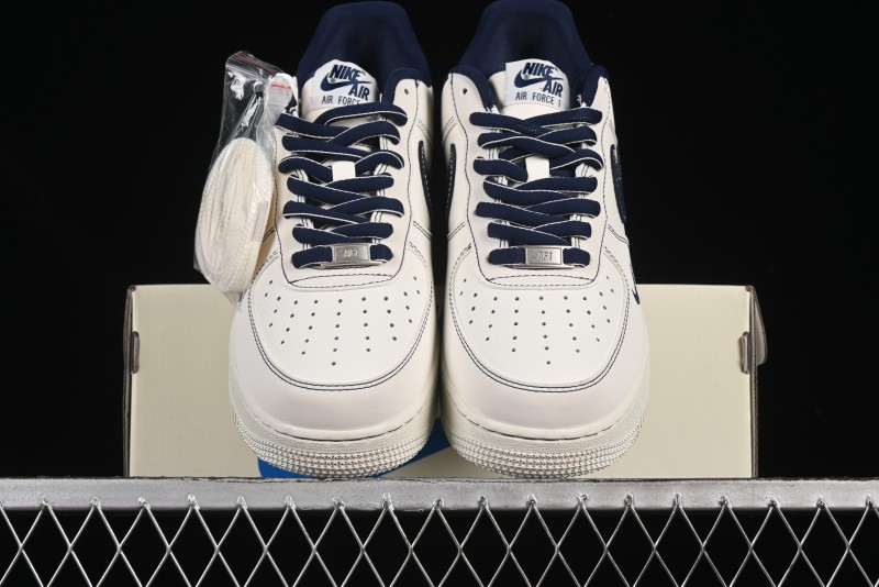 Nike Air Force 1'07 Low Casual Sneakers in Cream with Blue Swoosh - SC9207-535