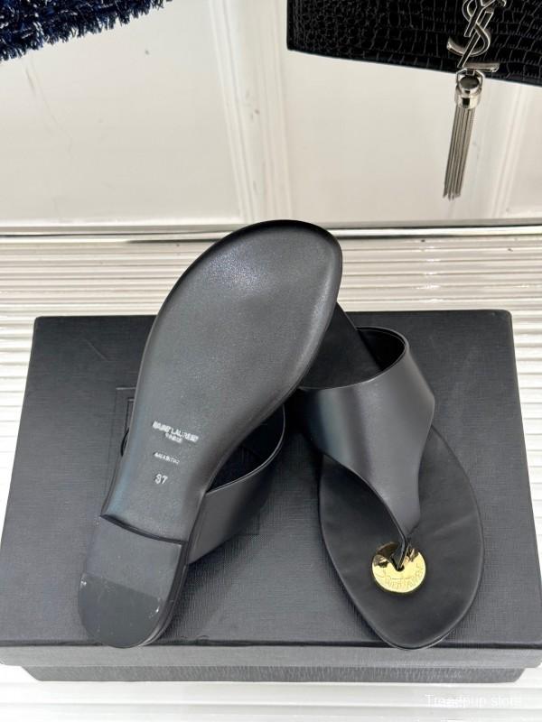 2025 Slippers Yves Saint Laurent Black Leather Slippers KFY00270
