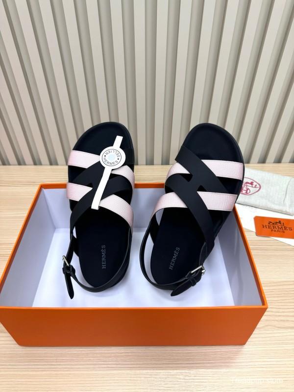 2025 Women Hermès Black Pink Leather Sandals LY00270