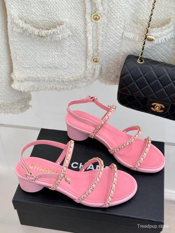 2025 Women Chanel Pink Leather Chain Strap Sandals