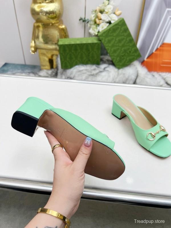 2025 Women Gucci Green Leather Heeled Slippers MJ00180