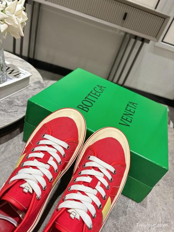 2025 Unisex Bottega Veneta Red Yellow Canvas Leather Sneakers Hand Painted KFY00260(F/M)