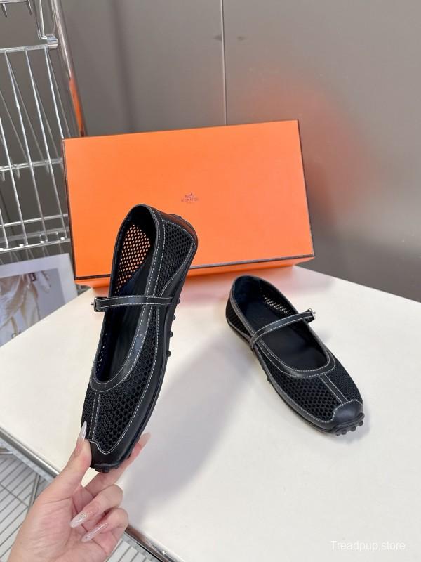 2025 Women Hermès Black Mesh Leather Mary Jane Shoes