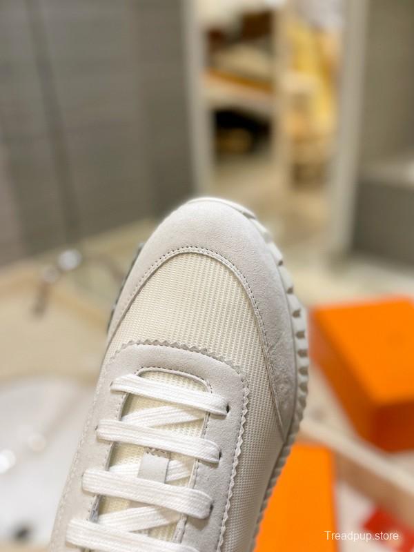 2024 Unisex Hermès White Cream Imported Silky Goat Suede Nylon Sneakers MJ00320