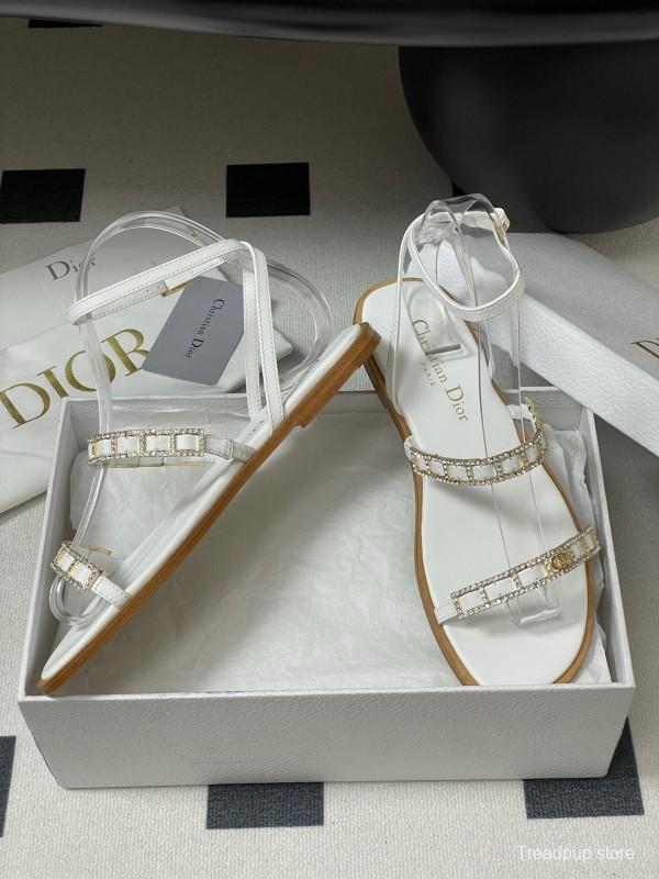 2025 Women Dior White Leather Flat Sandals Crystal Embellishment