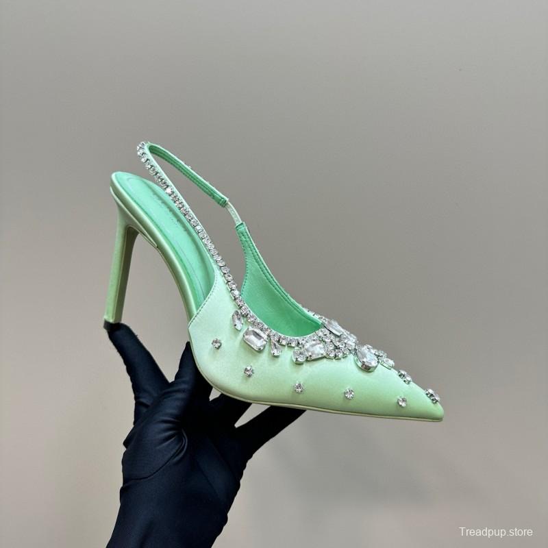 2025 Women Gucci Light Green Satin High Heel Slingback Rhinestone MJ00340