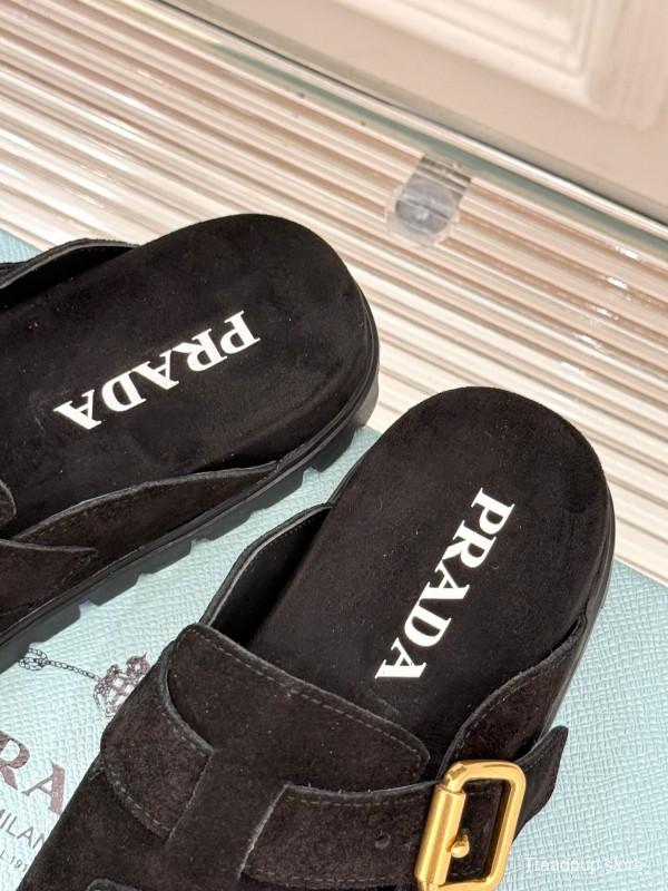 2025 Women Prada Black Suede Slippers