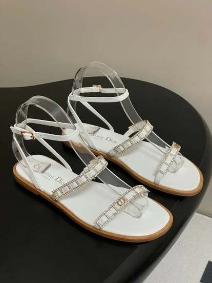 2025 Women Dior White Leather Flat Sandals Crystal Embellishment