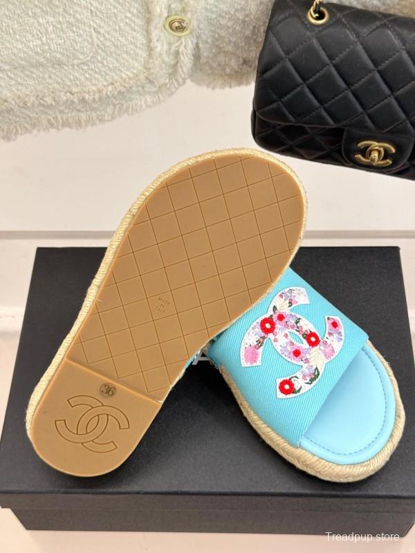 2025 Slippers Chanel Light Blue Fabric Women Embroidered Floral CC Logo KFY00230