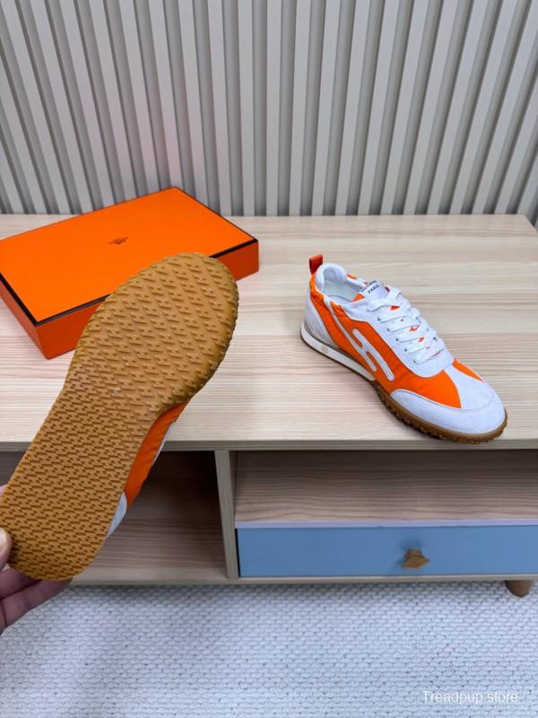 2025 Unisex Hermès White Orange Suede Mesh Sneakers KFY00300
