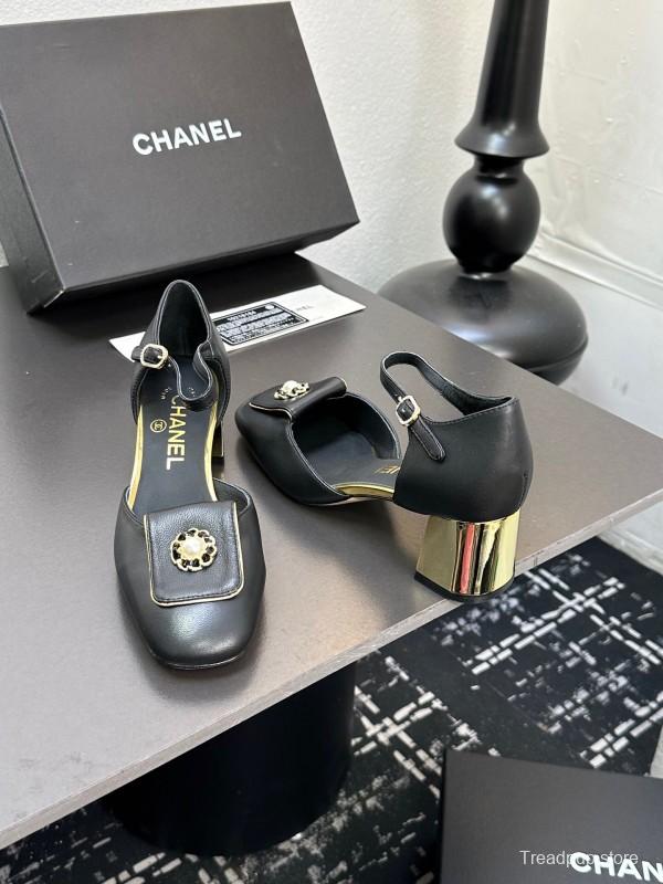 2025 Women CHANEL Black Leather Block Heel Metal Accent LY00360