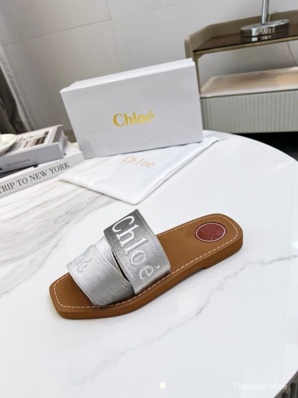 2025 Women Chloé Silver Leather Slippers LY00200