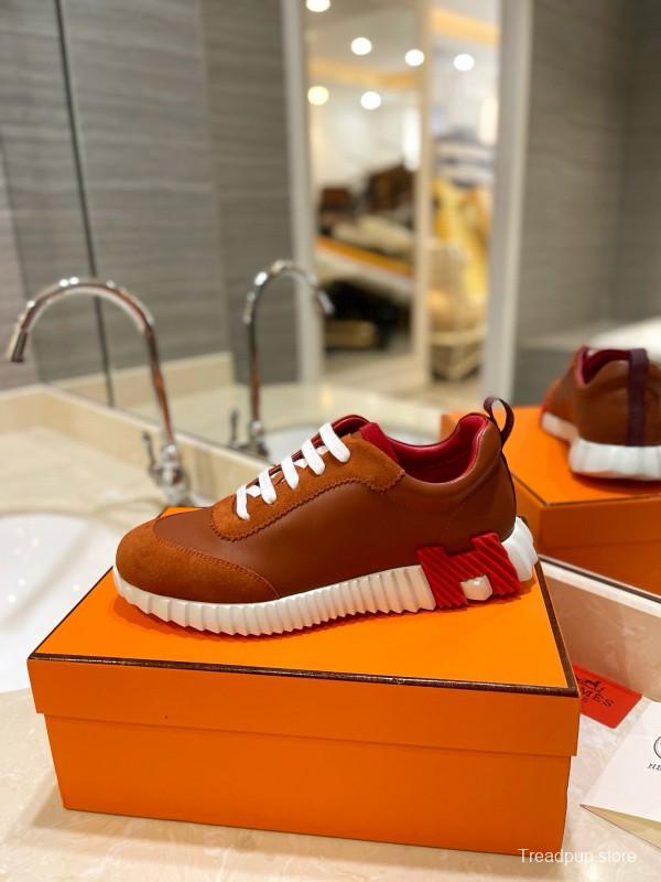 2024 Unisex Hermès Brown Red Imported Sheepskin Suede Silk Leather Casual Sneakers MJ00320