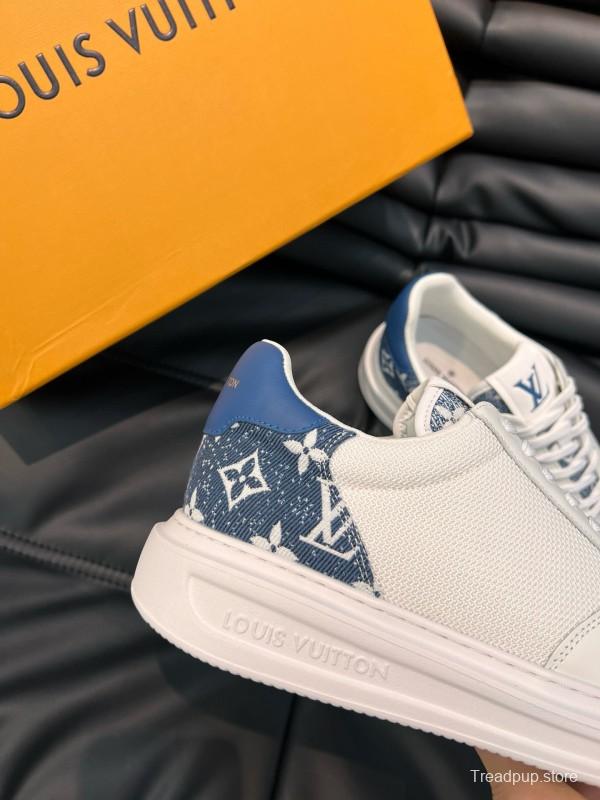 2024 Men Louis Vuitton White Blue Mesh Leather Sneakers MJ00400
