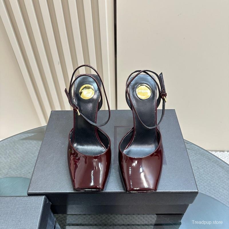 2025 Women Yves Saint Laurent Burgundy Patent Leather Slingback Heels