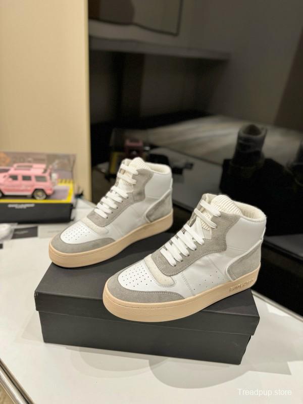 2024 Unisex Yves Saint Laurent White Grey Leather High Top Sneakers MJ00390