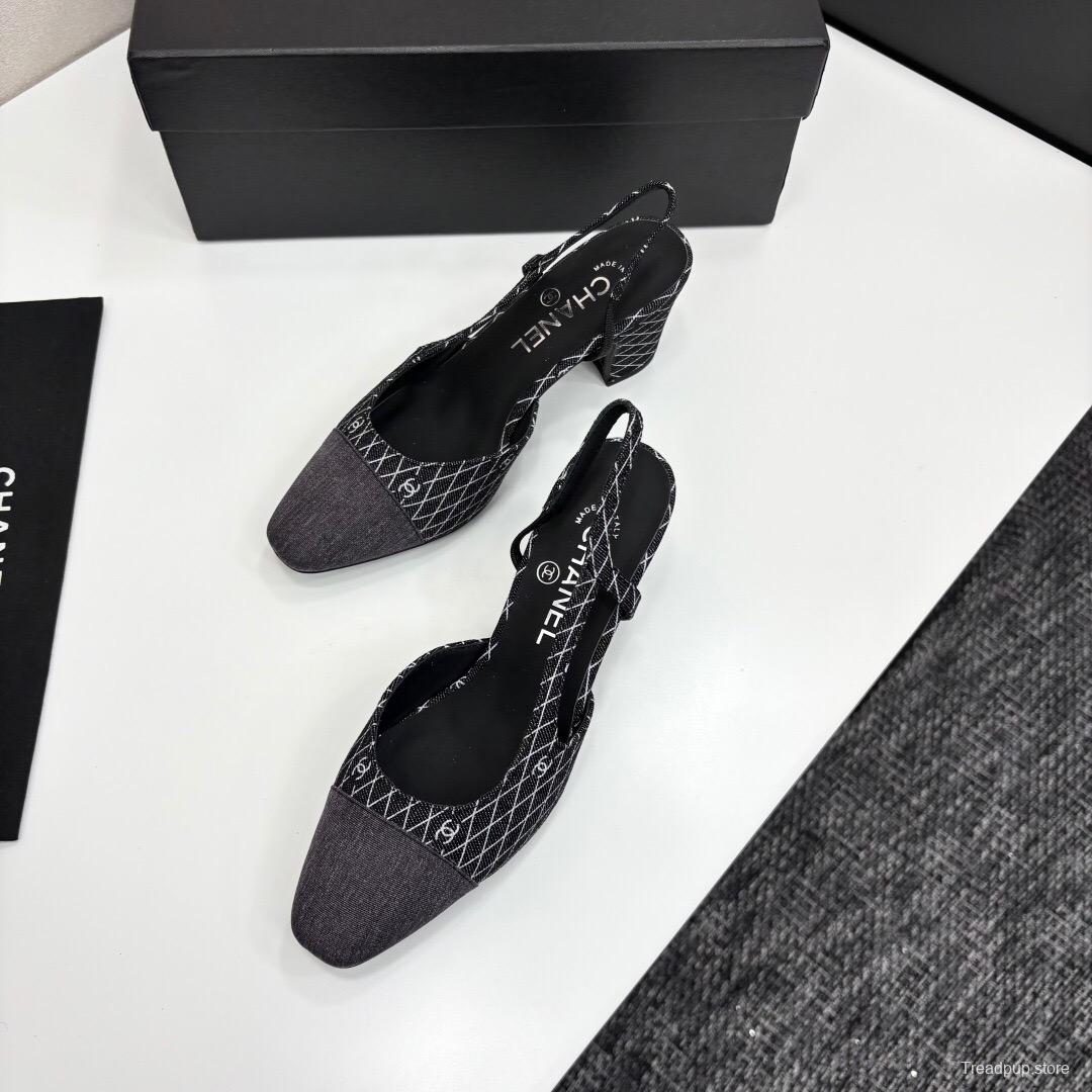 2025 Women Chanel Black White Fabric Slingback Heel LY00240