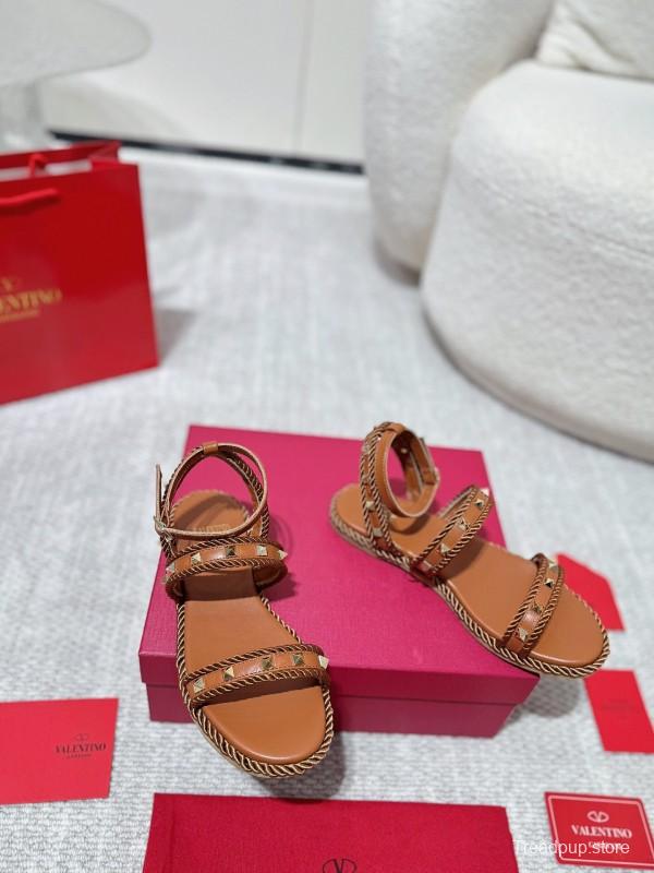 2025 Women Valentino Brown Leather Sandals Braided Craftsmanship LY00250