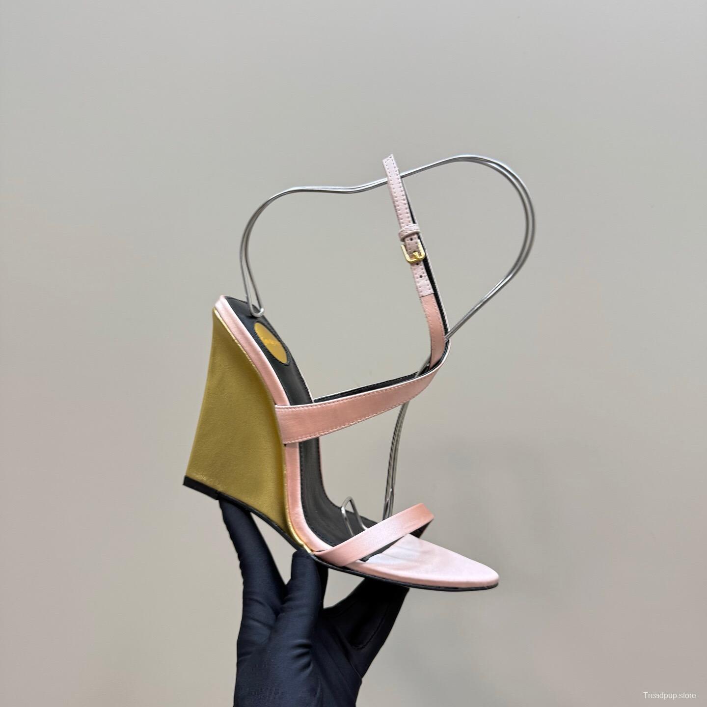 2025 Women Yves Saint Laurent Pink And Olive Silk Wedge Sandals Elegant Design KFY00290(F)