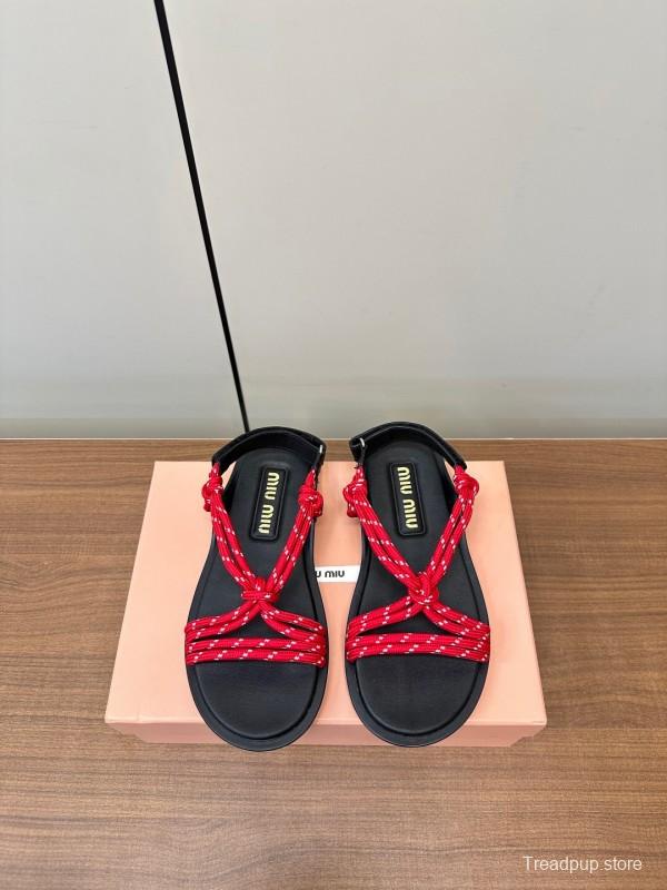 2025 Women Miu Miu Red Rope Leather Sandals LY