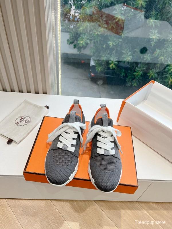 2024 Unisex Hermès Black Orange Calfskin Suede Sneakers MJ00290(M/W)