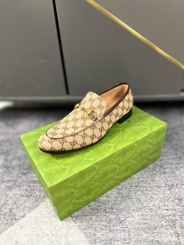 2024 Men Gucci Beige Brown Canvas Leather Loafer
