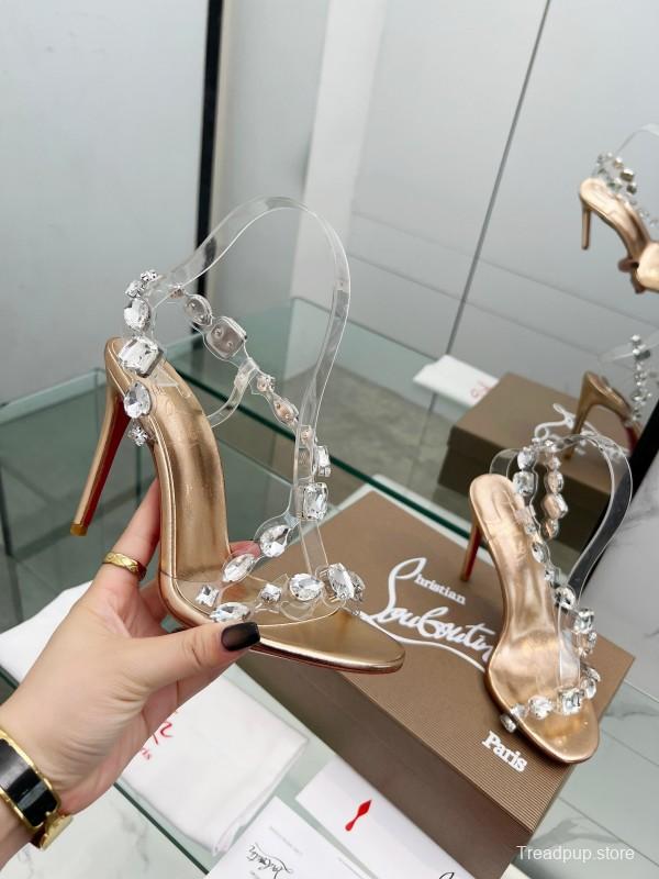 2025 Women Christian Louboutin Gold PVC Crystal High Heel Sandals LY00300