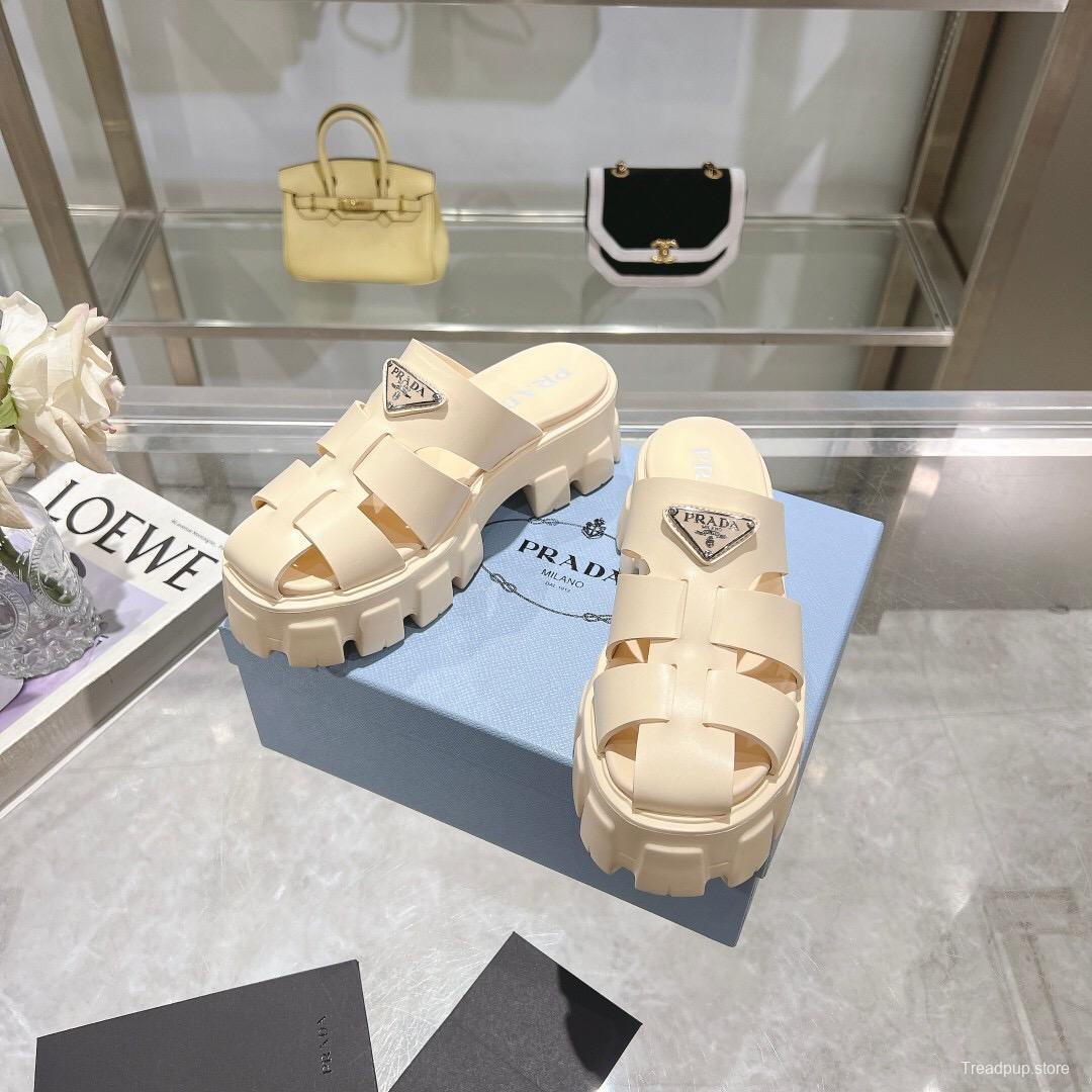 2025 Women Prada Beige Leather Platform Sandals LY00250