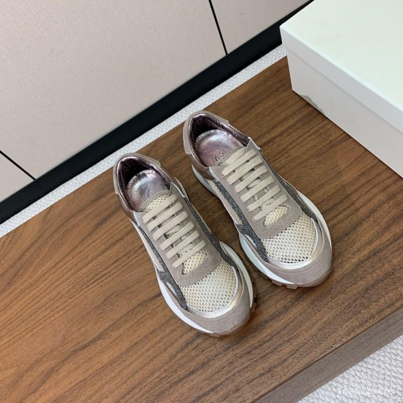 2025 Women Brunello Cucinelli Beige Brown Mesh Leather Sneakers