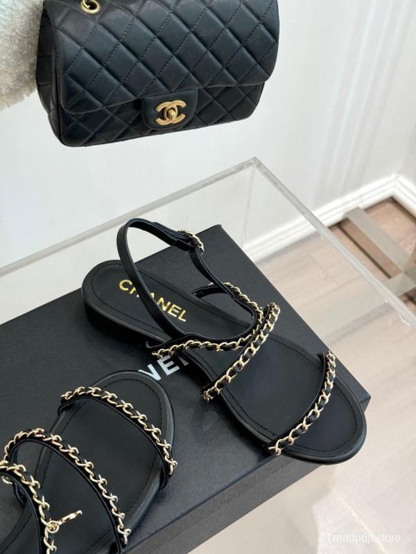 2025 Women Chanel Black Leather Slingback Sandals Chain KFY00270